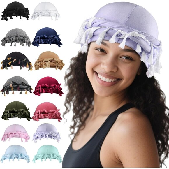 ⚡Men Women B- Lavender With White Tassel Satin Head Wraps Skull Cap Braid Turban - Picture 1 of 9